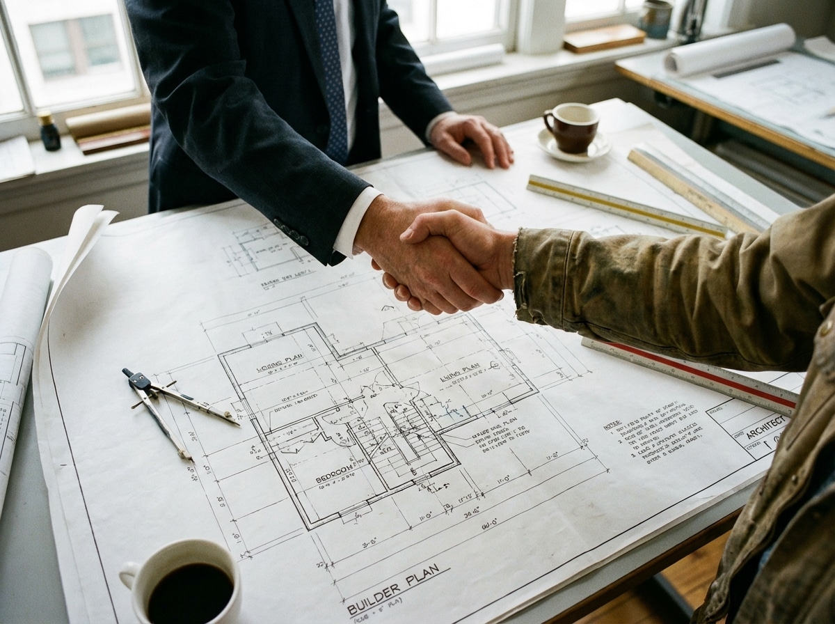 an image of a handshake over an architectural plan