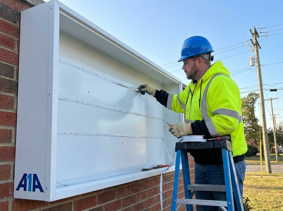 worker installing LED strips in an existing sign cabinet frame