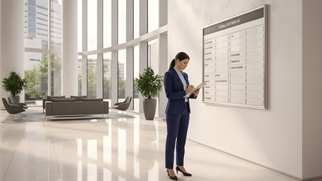 Property manager reviewing tenant directory for tenant turnover signage updates