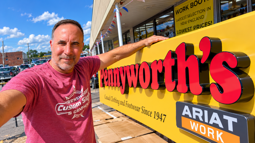 Northshore Custom Signs owner with a custom channel letter storefront sign in Massachusetts.