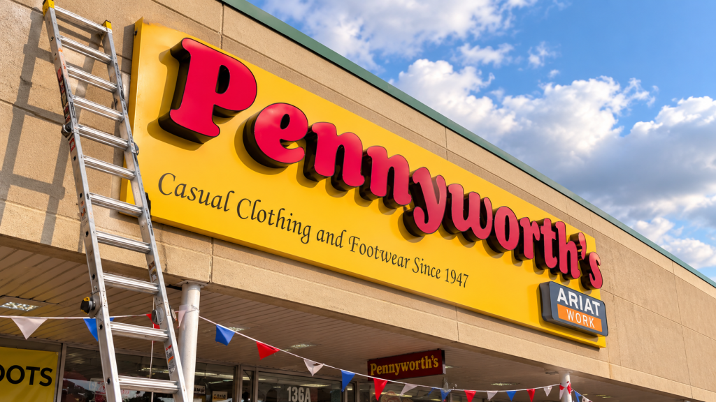 Large outdoor storefront business sign installed on a retail building in Massachusetts.